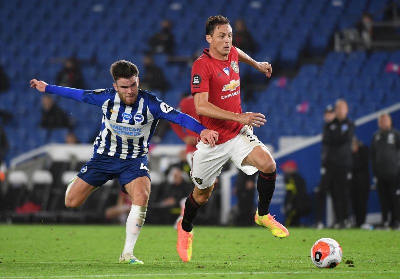 Manchester United's Nemanja Matic in action with Brighton & Hove Albion's Aaron Connolly, as play resumes behind closed doors following the outbreak of the coronavirus disease (Reuters File Photo)