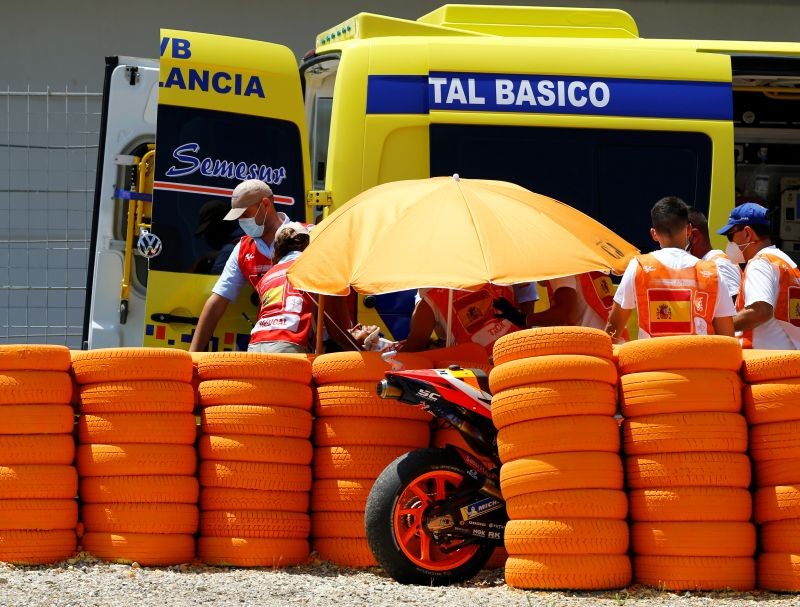 MotoGP - Spanish Grand Prix - Circuito de Jerez, Jerez, Spain - July 19, 2020 Repsol Honda's Marc Marquez is stretchered into an ambulance after crashing out during the race REUTERS/Marcelo Del Pozo