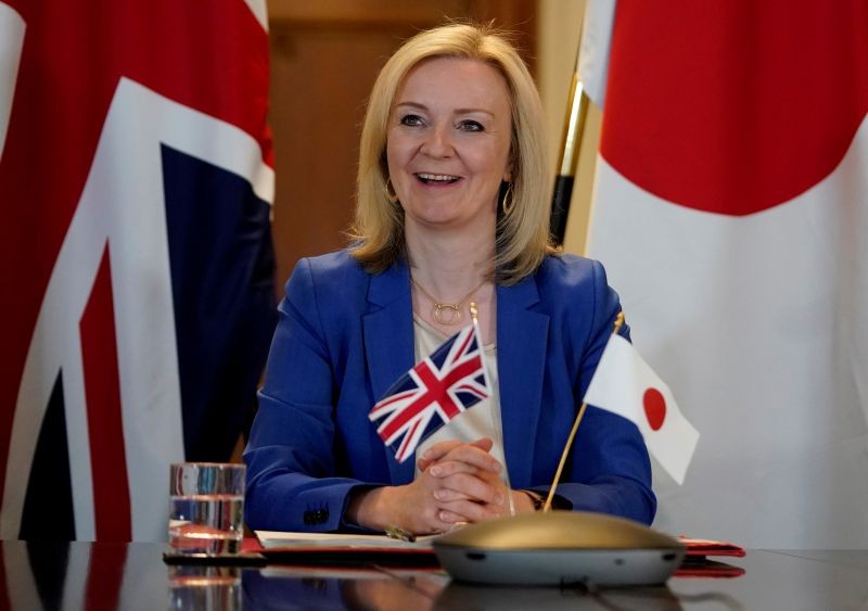 Britain's Secretary of State of International Trade and Minister for Women and Equalities Liz Truss attends a joint videoconference with Japan's Minister for Foreign Affairs Toshimitsu Motegi at the Department for International Trade, in London, Britain on June 9, 2020. (REUTERS File Photo)