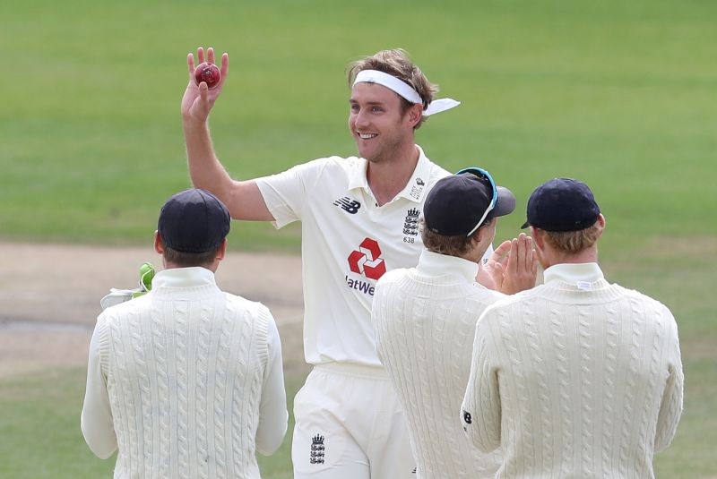 England's Stuart Broad celebrates taking his 500th test wicket with teammates after taking the wicket of West Indies' Kraigg Brathwaite, as play resumes behind closed doors following the outbreak of the coronavirus disease (COVID-19) Martin Rickett/Pool via REUTERS/File Photo