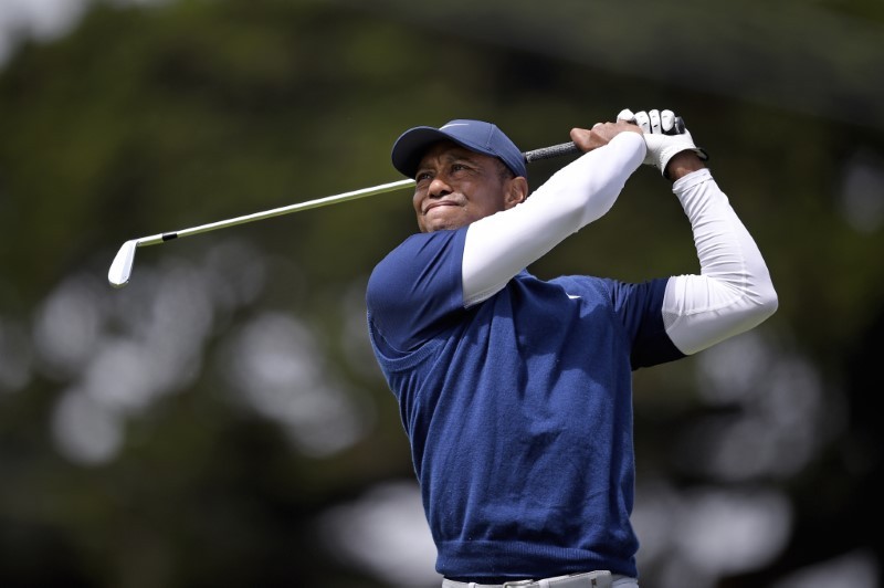 Tiger Woods plays his shot from the 11th tee box during the third round of the 2020 PGA Championship golf tournament at TPC Harding Park. Mandatory Credit: Kelvin Kuo-USA TODAY Sports