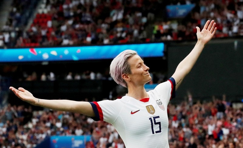 Megan Rapinoe of the U.S. celebrates scoring their first goal during the France v United States game during the Women's World Cup Quarter Final at Parc des Princes, Paris, France June 28, 2019. REUTERS/Benoit Tessier