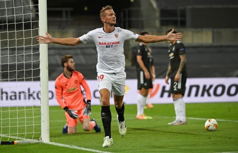 Sevilla's Luuk de Jong celebrates scoring their second goal, as play resumes behind closed doors following the outbreak of the coronavirus disease (COVID-19) Ina Fassbender/Pool via REUTERS