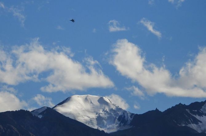 A fighter jet flies in the skies of of Leh, Ladakh, on Monday. Photograph: PTI Photo