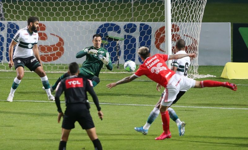 Internacional's Renzo Saravia shoots at goal, following the resumption of play behind closed doors after the outbreak of the coronavirus disease (COVID-19) REUTERS/Rodolfo Buhrer