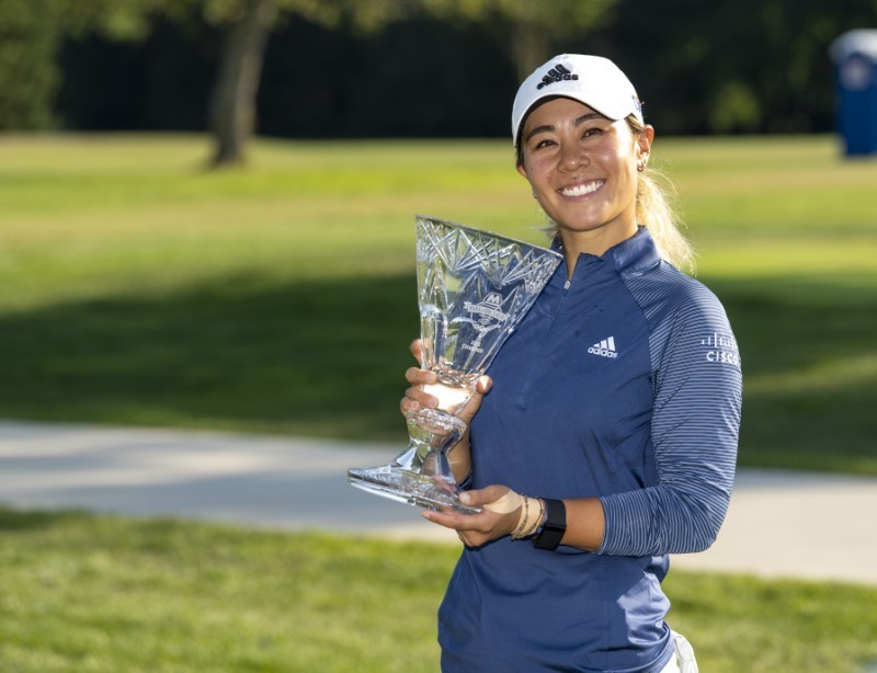 Danielle Kang from Las Vegas, Nevada, holds up the championship trophy after winning the final round of the Marathon LPGA Classic golf tournament at Highlands Meadows Golf Club. Marc Lebryk-USA TODAY Sports