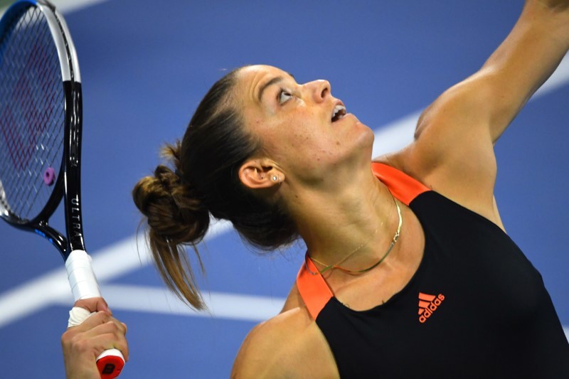 Maria Sakkari (GRE) serves against Serena Williams (USA) during the Western & Southern Open at the USTA Billie Jean King National Tennis Center. Robert Deutsch-USA TODAY Sports