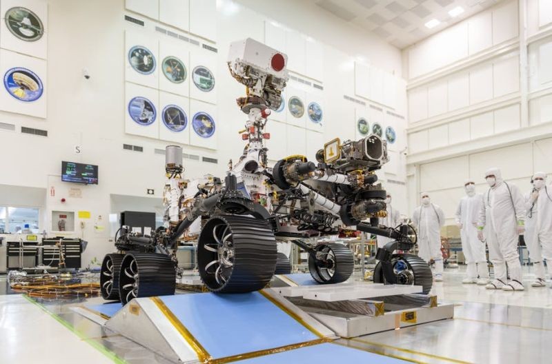 In a clean room at NASA’s Jet Propulsion Laboratory in Pasadena, Calif., engineers observed the first driving test for the Mars rover, Perseverance. Perseverance will search for signs of past microbial life, characterize Mars’ climate and geology, and collect samples for a future return to Earth. NASA/JPL-Caltech