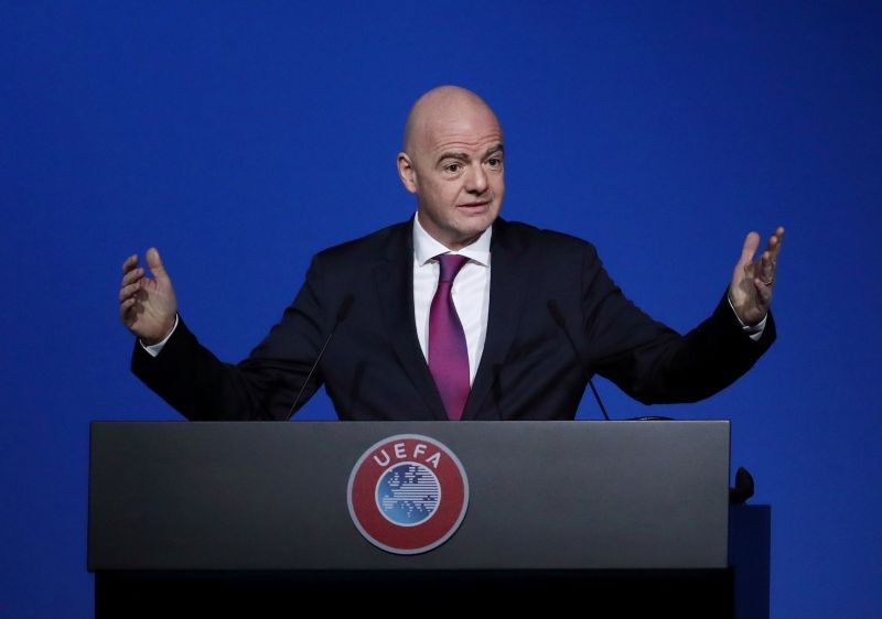 FILE PHOTO: FIFA President Gianni Infantino gestures during a UEFA Congress at Beurs van Berlage Conference Centre, Amsterdam, Netherlands, March 3, 2020. REUTERS/Yves Herman/File Photo