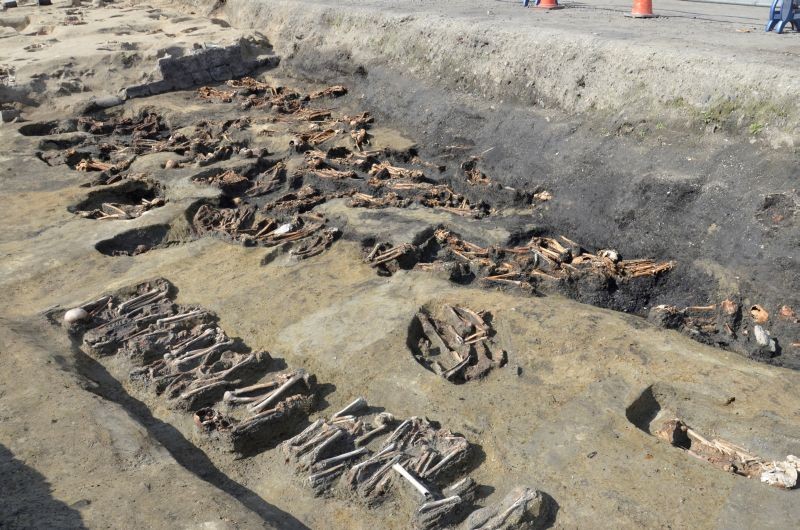 Burial ground containing the bones of people are seen at an excavations site called 'Umeda Tomb", at a construction site for a train station, in Osaka, western Japan, in this undated handout photos released by 2020 Osaka City Cultural Properties Association and obtained by Reuters on August 26, 2020. (REUTERS Photo)