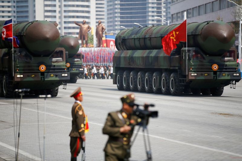 Intercontinental ballistic missiles (ICBM) are driven past the stand with North Korean leader Kim Jong Un and other high ranking officials during a military parade marking the 105th birth anniversary of country's founding father Kim Il Sung, in Pyongyang on April 15, 2017.  (REUTERS File Photo)