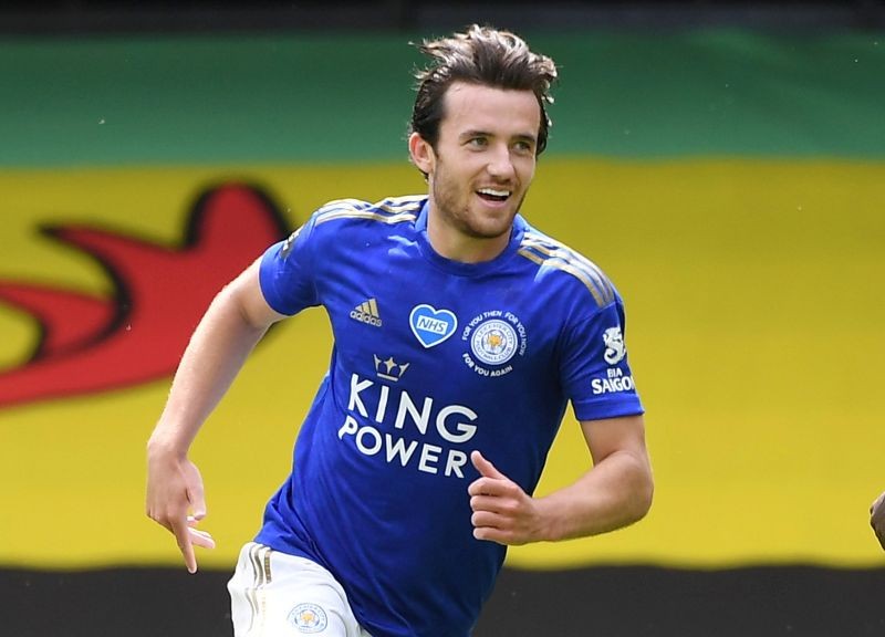 FILE PHOTO: Leicester City's Ben Chilwell celebrates scoring their first goal. Andy Rain/Pool via REUTERS/File Photo