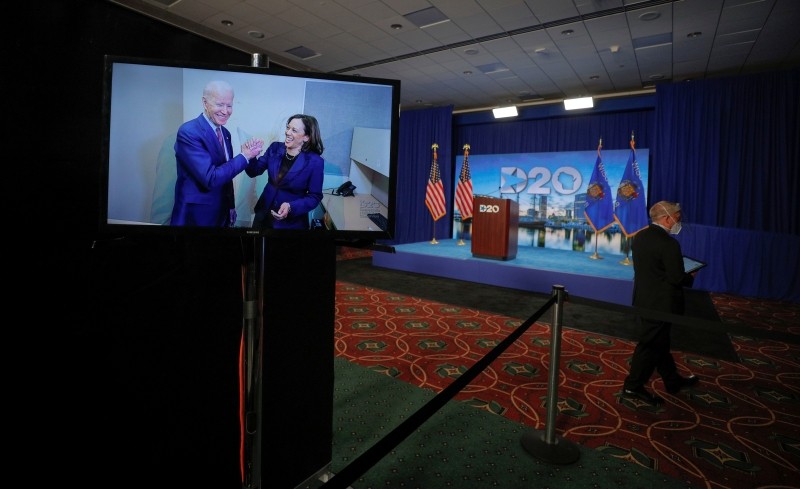 Democratic U.S. presidential candidate and former Vice President Joe Biden and his vice presidential running mate Senator Kamala Harris appear on a video feed at the start of the second day of the virtual 2020 Democratic National Convention at its hosting site in Milwaukee, Wisconsin, U.S. August 18, 2020. REUTERS/Brian Snyder/Pool