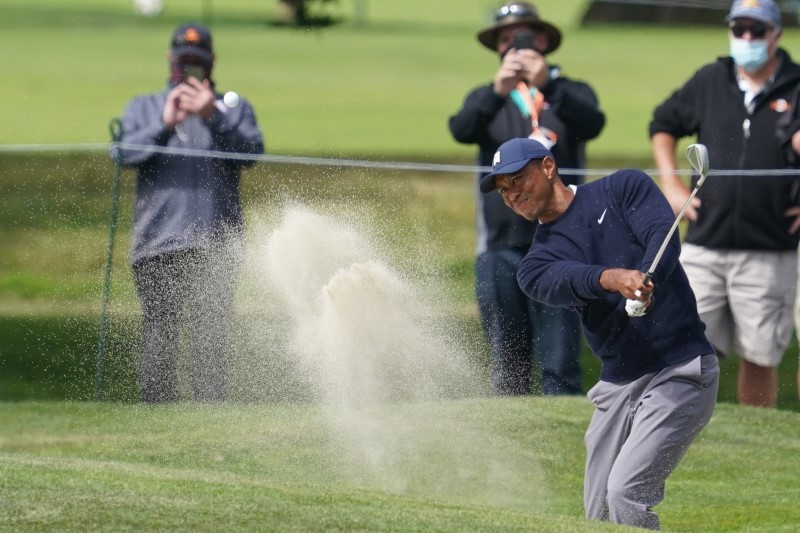 Tiger Woods sand trap on the 7th hole during the second round of the 2020 PGA Championship golf tournament at TPC Harding Park. Mandatory Credit: Kyle Terada-USA TODAY Sports