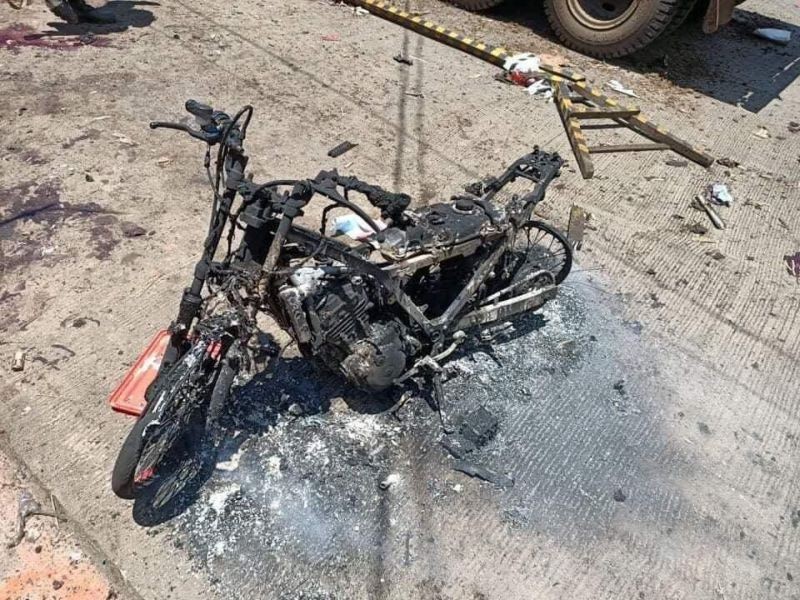 Burned motorcycle is pictured in the aftermath of an explosion in Jolo Island, Sulu province, Philippines August 24, 2020. in this picture obtained from social media. (REUTERS Photo)