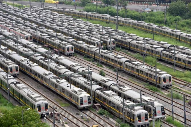 Metro trains parked at a yard in New Delhi. Photograph: ANI Photo