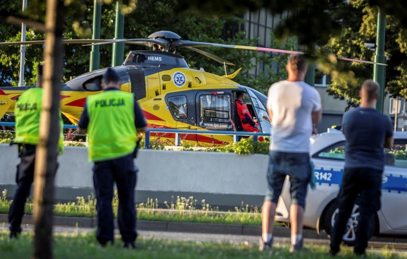 A rescue helicopter is seen on the site where Dutch cyclists Fabio Jakobsen and Dylan Groenewegen crashed, while at the finish line on stage one of the Tour de Pologne in Katowice, Poland August 5, 2020. Grzegorz Celejewski/Agencja Gazeta/via REUTERS