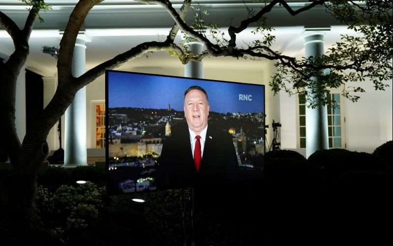 U.S. Secretary of State Mike Pompeo is seen giving his live address to the 2020 Republican National Convention from Israel on a monitor set up in the Rose Garden of the White House in Washington, US on August 25, 2020. (REUTERS Photo)
