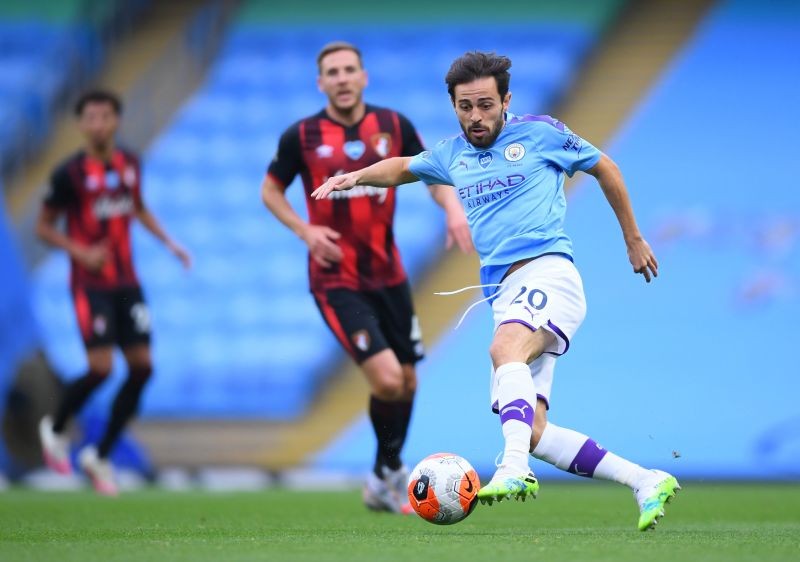 Manchester City's Bernardo Silva in action, as play resumes behind closed doors following the outbreak of the coronavirus disease (COVID-19) Pool via REUTERS/Laurence Griffiths/Files
