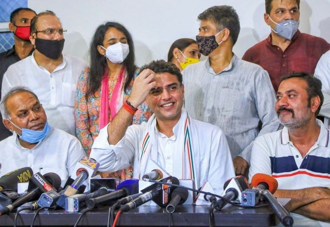 Congress leader Sachin Pilot along with party MLAs addresses a press conference at his residence in Jaipur. Photograph: PTI Photo