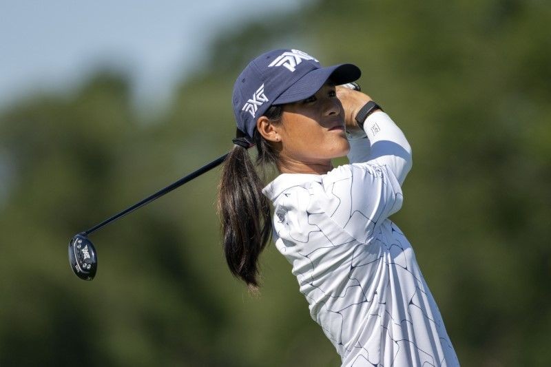 Celine Boutier of France tees off on the 16th hole during the first round of the LPGA Drive Championship golf tournament at Inverness Club. Mandatory Credit: Marc Lebryk-USA TODAY Sports