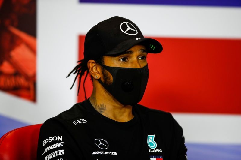 Second placed Mercedes' Lewis Hamilton during the press conference after the race FIA/Handout via REUTERS/Files