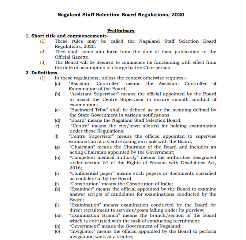 Screenshot of the opening page of 'Nagaland Staff Selection Board Regulations, 2020”