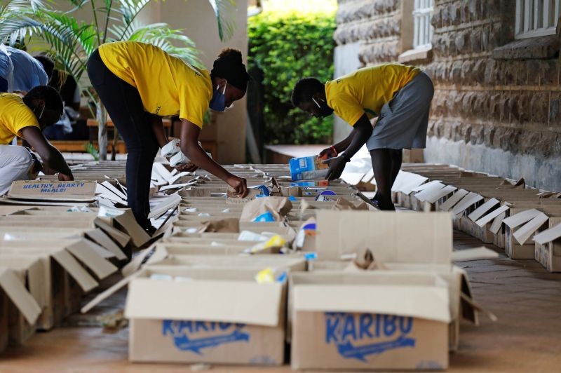 Workers of the Team Pankaj aid group pack boxes with food donations to be distributed for people in need in the capital's poorest neighbourhoods, in Nairobi, Kenya on April 14, 2020. (REUTERS File Photo)