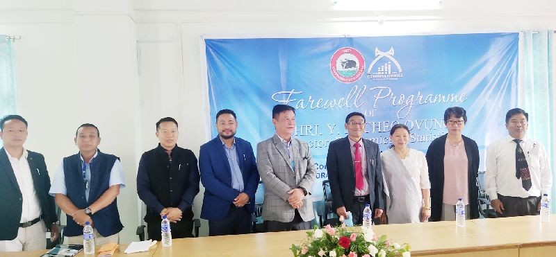 Outgoing Director Y Sacheo Ovung with wife, incoming director R. Kronu, special secretary Kevileno Angami and others during the farewell programme held on August 31.