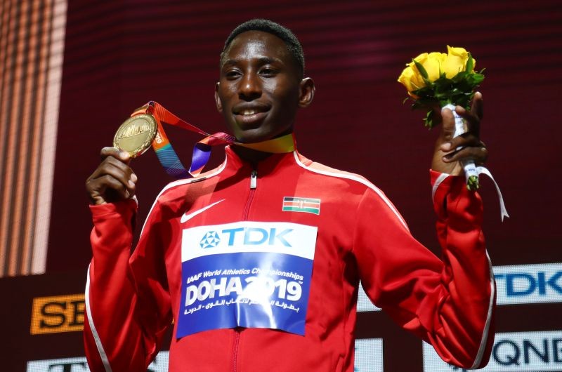 FILE PHOTO: Gold medalist Kenya's Conseslus Kipruto on the podium REUTERS/Ibraheem Al Omari/File photo