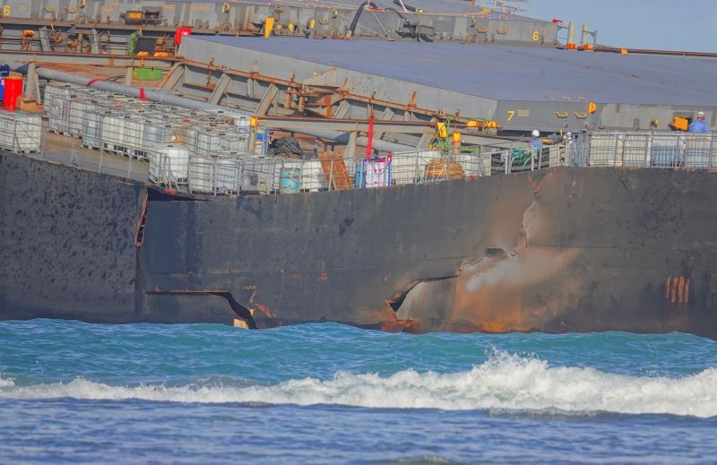 A section of the bulk carrier ship MV Wakashio, belonging to a Japanese company but Panamanian-flagged, ran aground on a reef, is pictured at the Riviere des Creoles on August 13, 2020. (REUTERS Photo)
