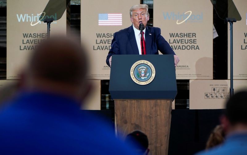 U.S. President Donald Trump speaks at a Whirlpool Corporation washing machine factory in Clyde, Ohio, US on August 6, 2020. (REUTERS Photo)
