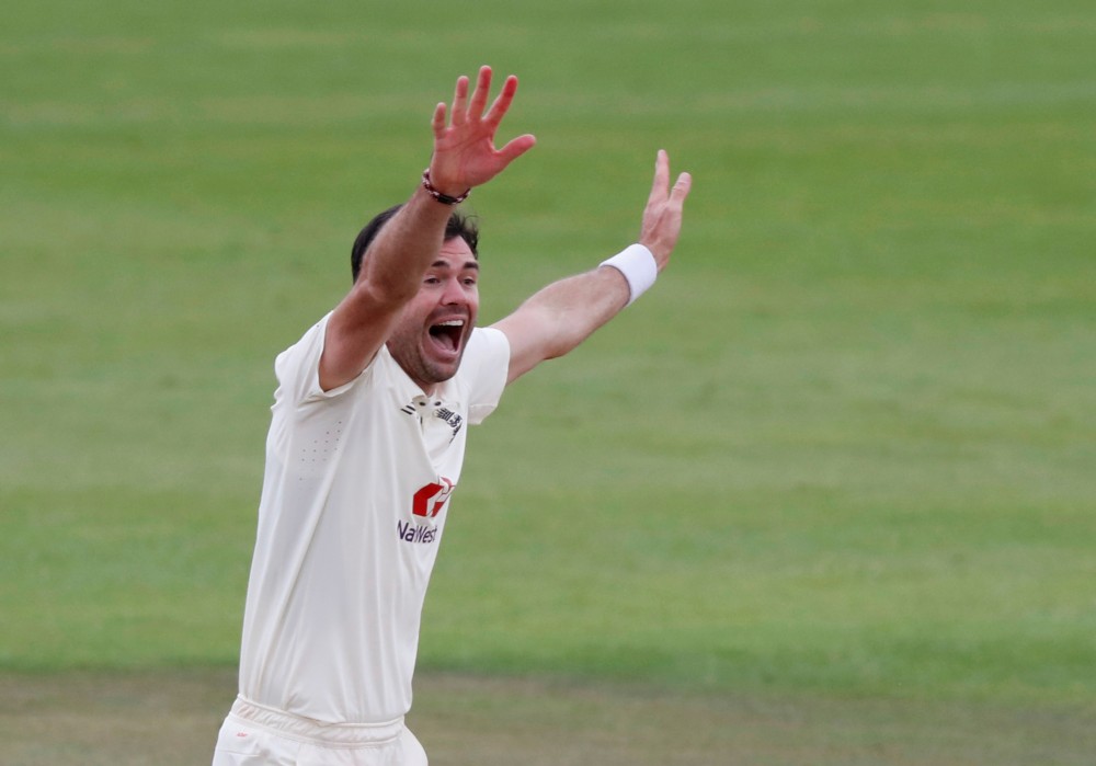 England's James Anderson celebrates taking the wicket of Pakistan's Abid Ali lbw at Ageas Bowl, Southampton, on August 24. (Alastair Grant/Pool via REUTERS)