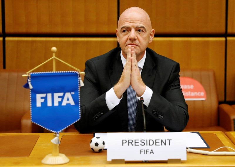 FILE PHOTO: FIFA President Gianni Infantino waits for the start of a signing ceremony at the United Nations Office on Drugs and Crime (UNODC) headquarters in Vienna, Austria September 14, 2020. REUTERS/Leonhard Foeger