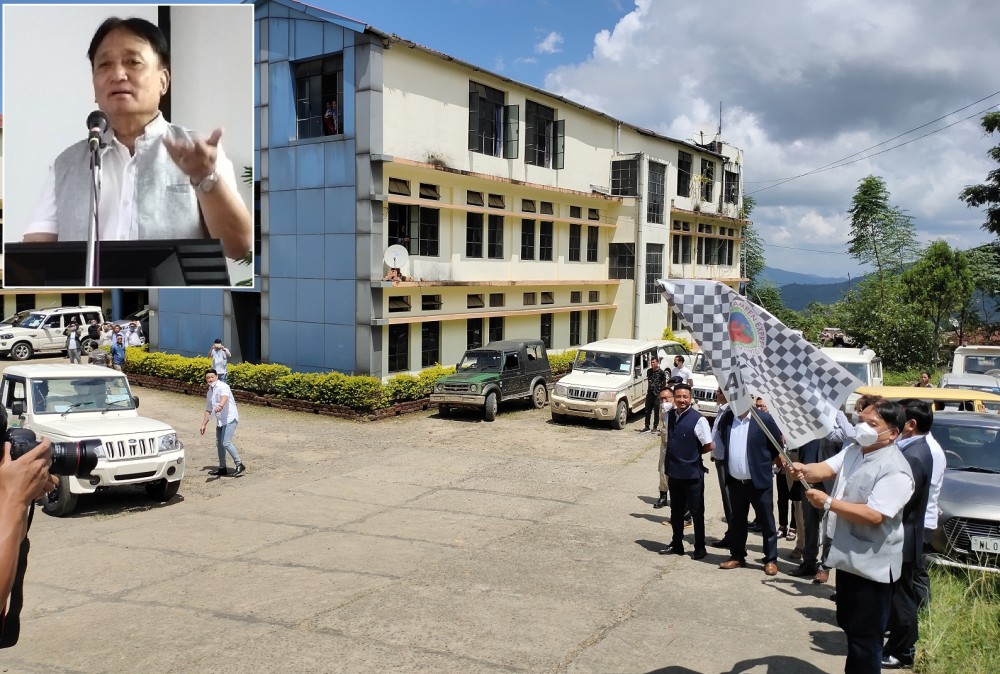 Nagaland Minister for Rural Development, Metsubo Jamir flagging off the vehicles distributed under Aajeevika Grameen Express Yojana (AGEY) scheme at the Directorate of Rural Development, Kohima, on September 8. (Inset) Metsubo addressing the flag-off programme. (Morung Photo)