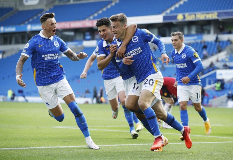 Brighton & Hove Albion's Solly March celebrates scoring their second goal with teammates Pool via REUTERS/John Sibley