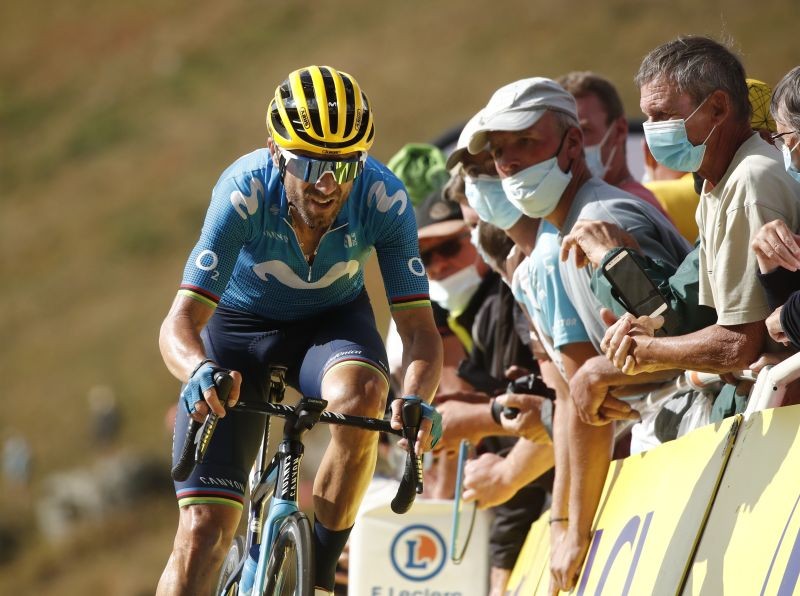 Movistar Team rider Alejandro Valverde of Spain finishes. REUTERS/Benoit Tessier/Pool