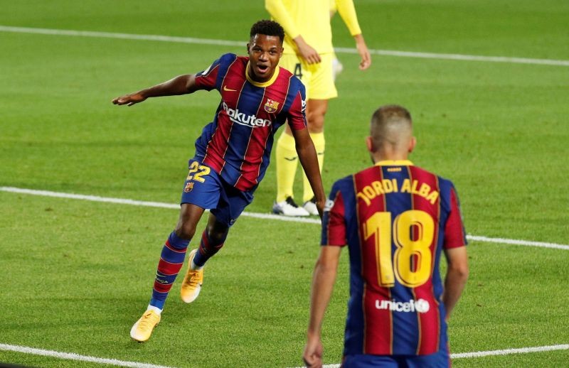 Barcelona's Ansu Fati celebrates scoring their first goal REUTERS/Albert Gea