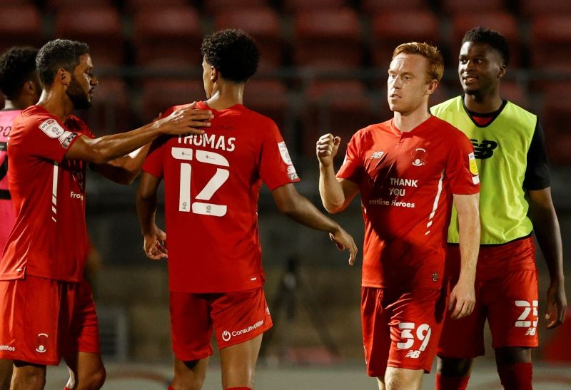 Leyton Orient's Danny Johnson celebrates after scoring their third goal with teammates Action Images/John Sibley