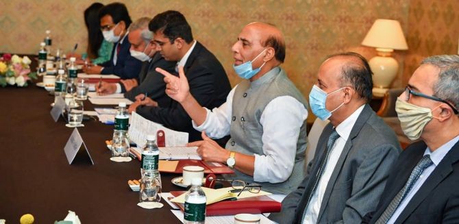 Defence Minister Rajnath Singh during a meeting with the Chinese Defence Minister General Fenghe in Moscow. Photograph: PTI Photo