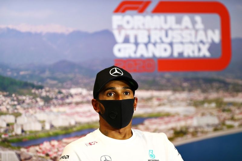 Mercedes' Lewis Hamilton during a press conference after he finished in third place in the race FIA/Handout via REUTERS