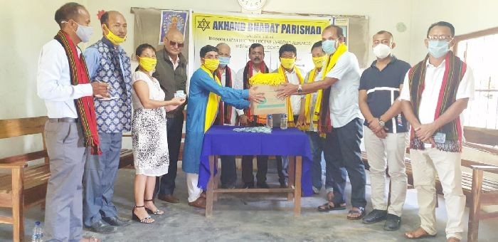 Akhand Bharat Parishad officials and others during the free distribution of face mask and Arsenic Album 30 in Dimapur and Peren on September 20.