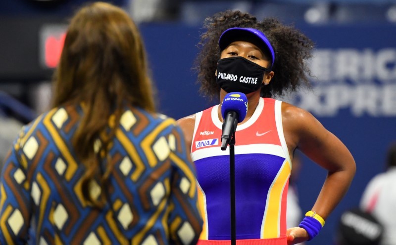 Naomi Osaka of Japan talks to the media after winning the match against Jennifer Brady of the United States in the women's singles semifinals match on day eleven of the 2020 U.S. Open tennis tournament at USTA Billie Jean King National Tennis Center. Robert Deutsch-USA TODAY Sports