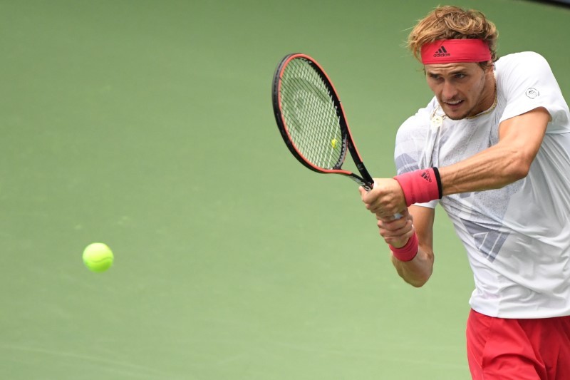 Alexander Zverev of Germany hits a backhand against Brandon Nakashima of the United States (not pictured) on day three of the 2020 U.S. Open tennis tournament at USTA Billie Jean King National Tennis Center.  Danielle Parhizkaran-USA TODAY Sports/Reuters