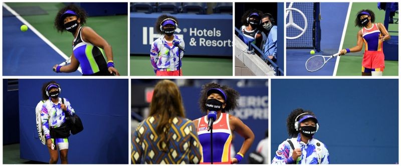 A combination picture shows tennis player Naomi Osaka of Japan wearing protective face masks to honor Breonna Taylor, Trayvon Martin, George Floyd, Philando Castile, Elijah McClain, Ahmaud Arbery and Tamir Rice during the 2020 U.S. Open tennis tournament in New York, U.S., in these pictures taken August 31, September 2, September 4, September 6, September 8, September 10, September 12, 2020. (Robert Deutsch and Danielle Parhizkaran-USA TODAY Sports/via REUTERS)