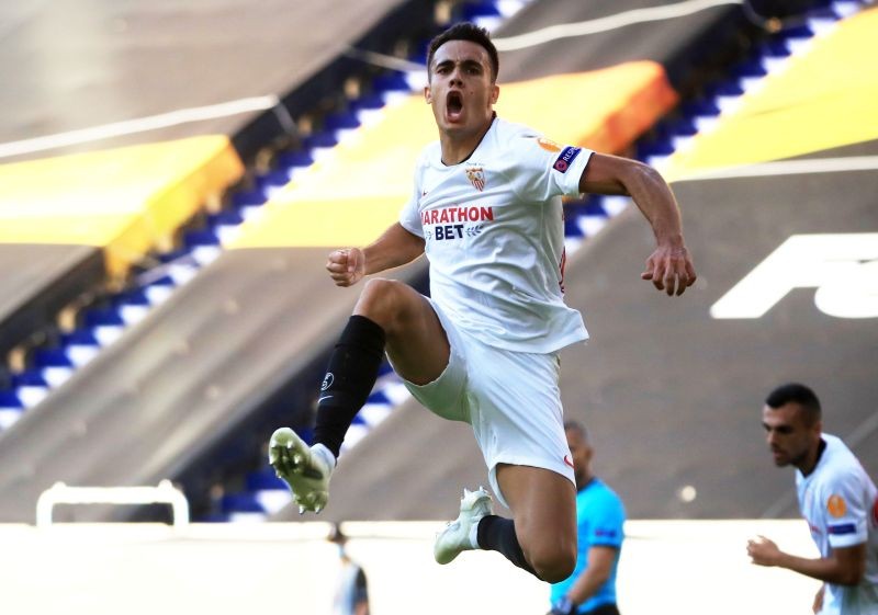 Sevilla's Sergio Reguilon celebrates scoring their first goal, as play resumes behind closed doors following the outbreak of the coronavirus disease (COVID-19) Pool via REUTERS/Wolfgang Rattay/File Photo