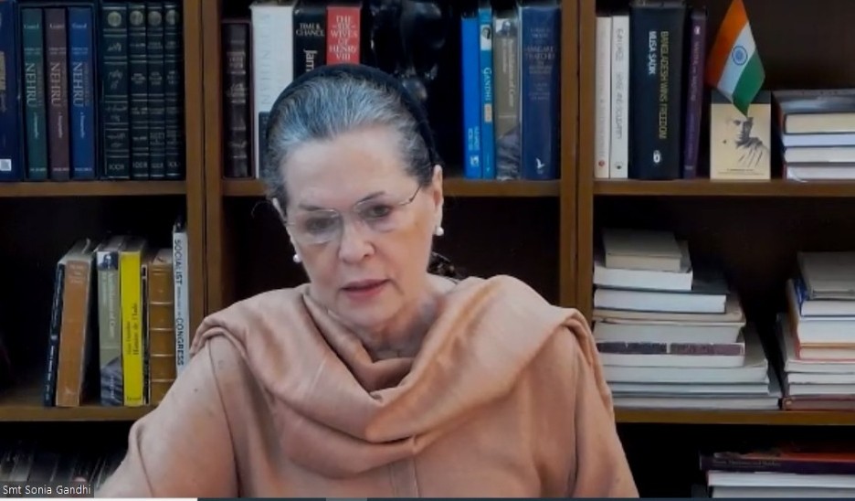 ress President Sonia Gandhi chairs the Congress Working Committee (CWC) Meeting via vdeo conferencing on Thursday during the 21-day nationwide lockdown (that entered its 9th day) imposed as a precautionary measure to contain the spread of coronavirus. (IANS Photo)
