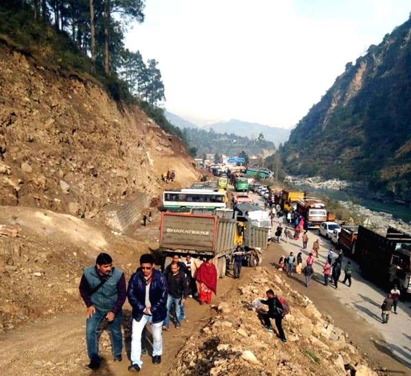 Landslide blocks stretch of Chandigarh-Manali highway. (IANS Photo)