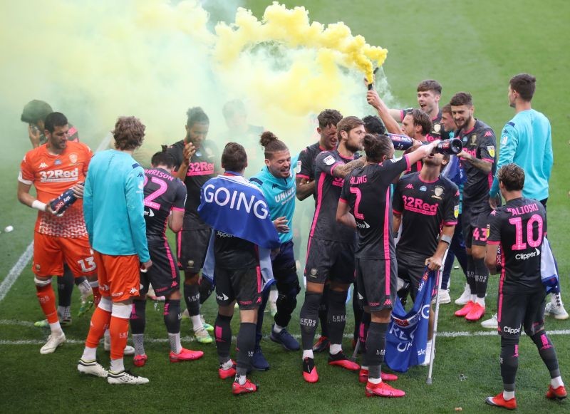 Leeds United celebrate winning the Championship after the match, as play resumes behind closed doors following the outbreak of the coronavirus disease (COVID-19) Action Images/Carl Recine