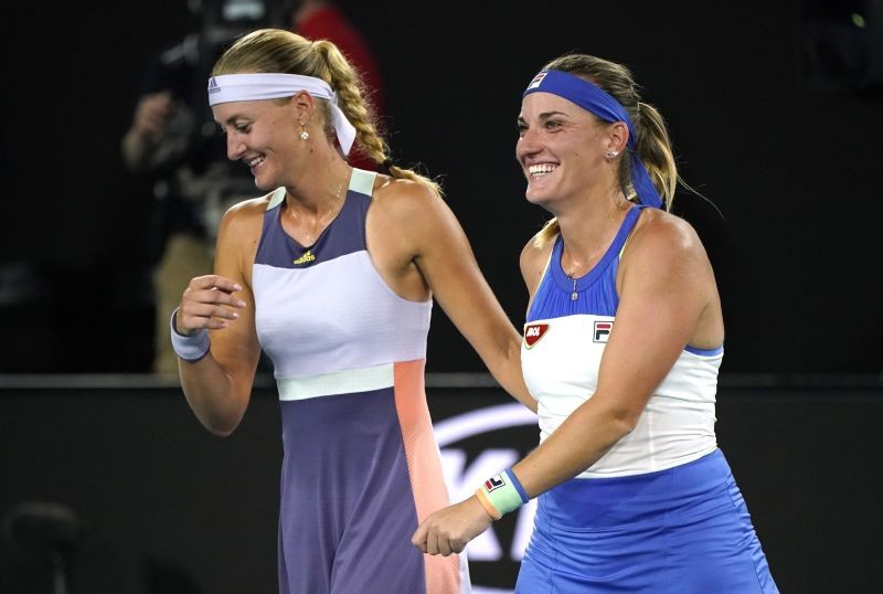 Hungary's Timea Babos and France's Kristina Mladenovic celebrate winning their match against Taiwan's Su-Wei Hsieh and Czech Republic's Barbora Strycova. REUTERS/Kim Hong-Ji